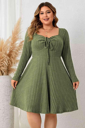 Ribbed Plus Size Green Long Sleeve Dress - MXSTUDIO.COM