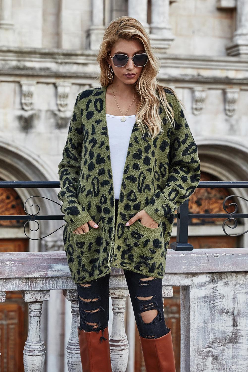 Ribbed Trim Leopard Open Front Longline Cardigan Stay stylish and cozy - MXSTUDIO.COM