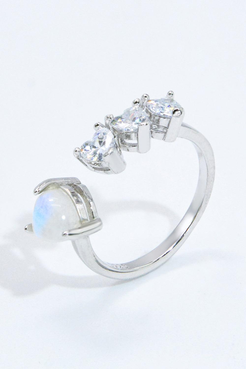 Rich Finish Moonstone And Zircon Open Heart Ring - MXSTUDIO.COM