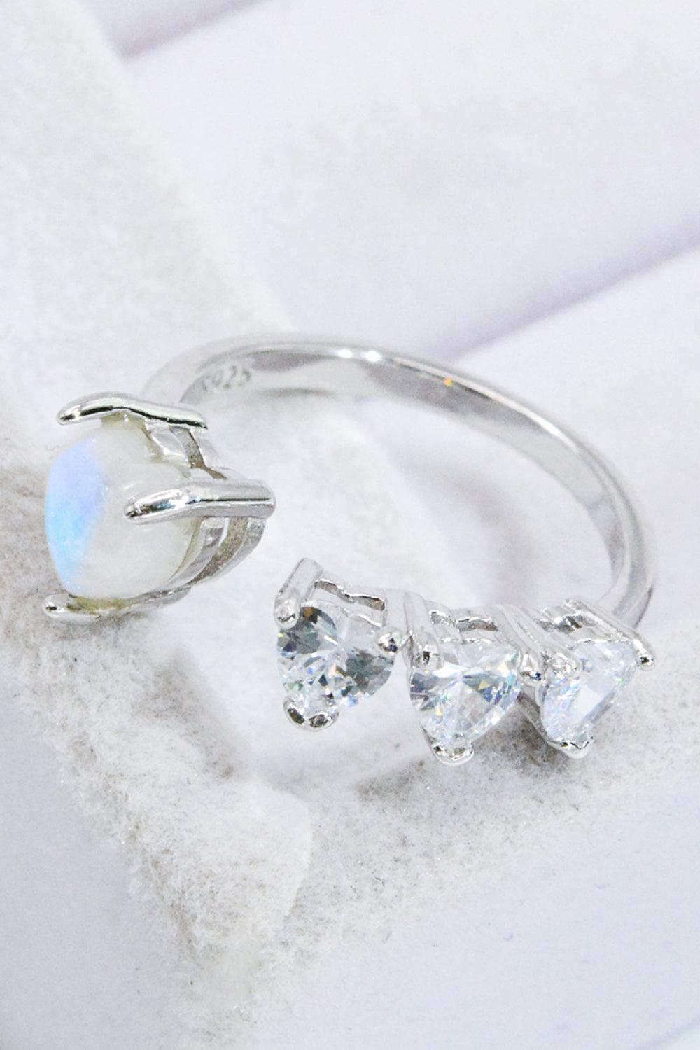 Rich Finish Moonstone And Zircon Open Heart Ring - MXSTUDIO.COM