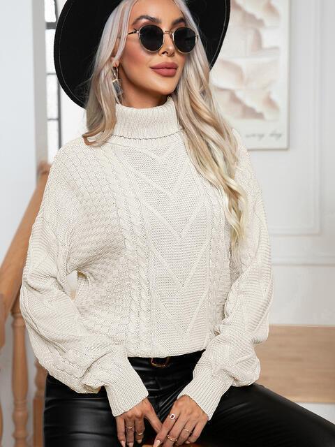 Ritzy Cable-Knit Turtleneck Pullover Sweater - MXSTUDIO.COM