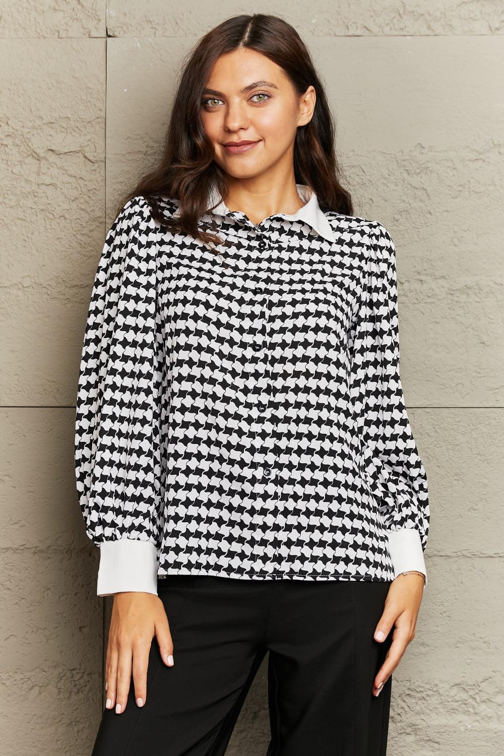 Ritzy Feel Printed Collared Neck Lantern Sleeve Shirt - MXSTUDIO.COM