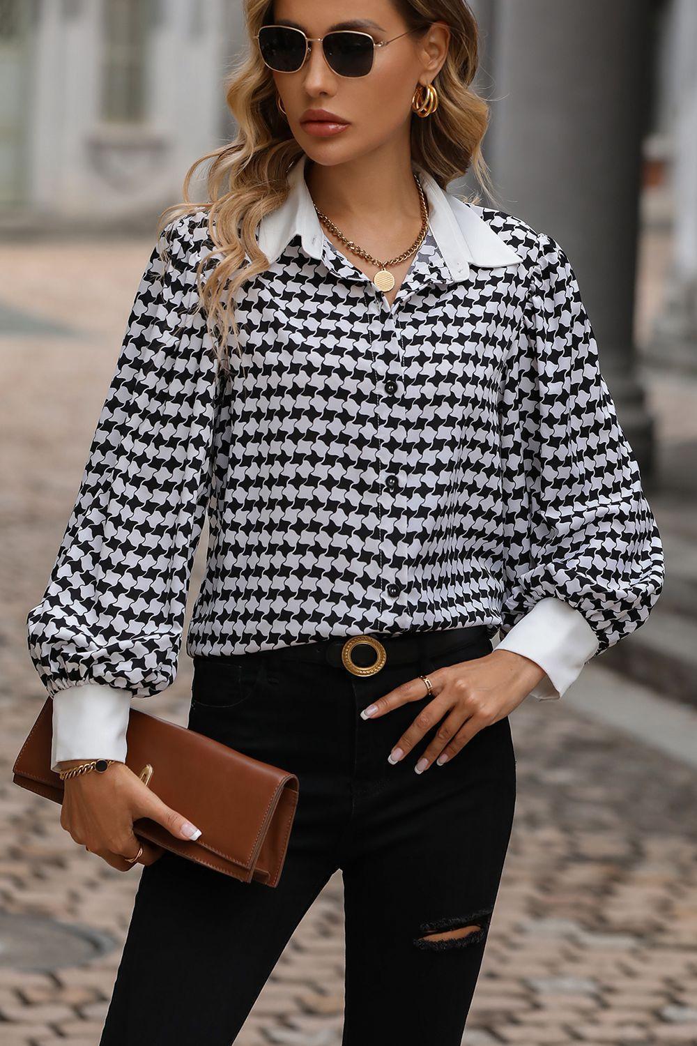 Ritzy Feel Printed Collared Neck Lantern Sleeve Shirt - MXSTUDIO.COM