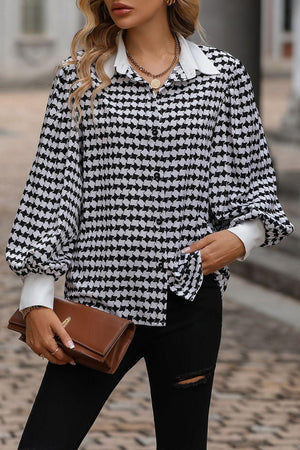 Ritzy Feel Printed Collared Neck Lantern Sleeve Shirt - MXSTUDIO.COM