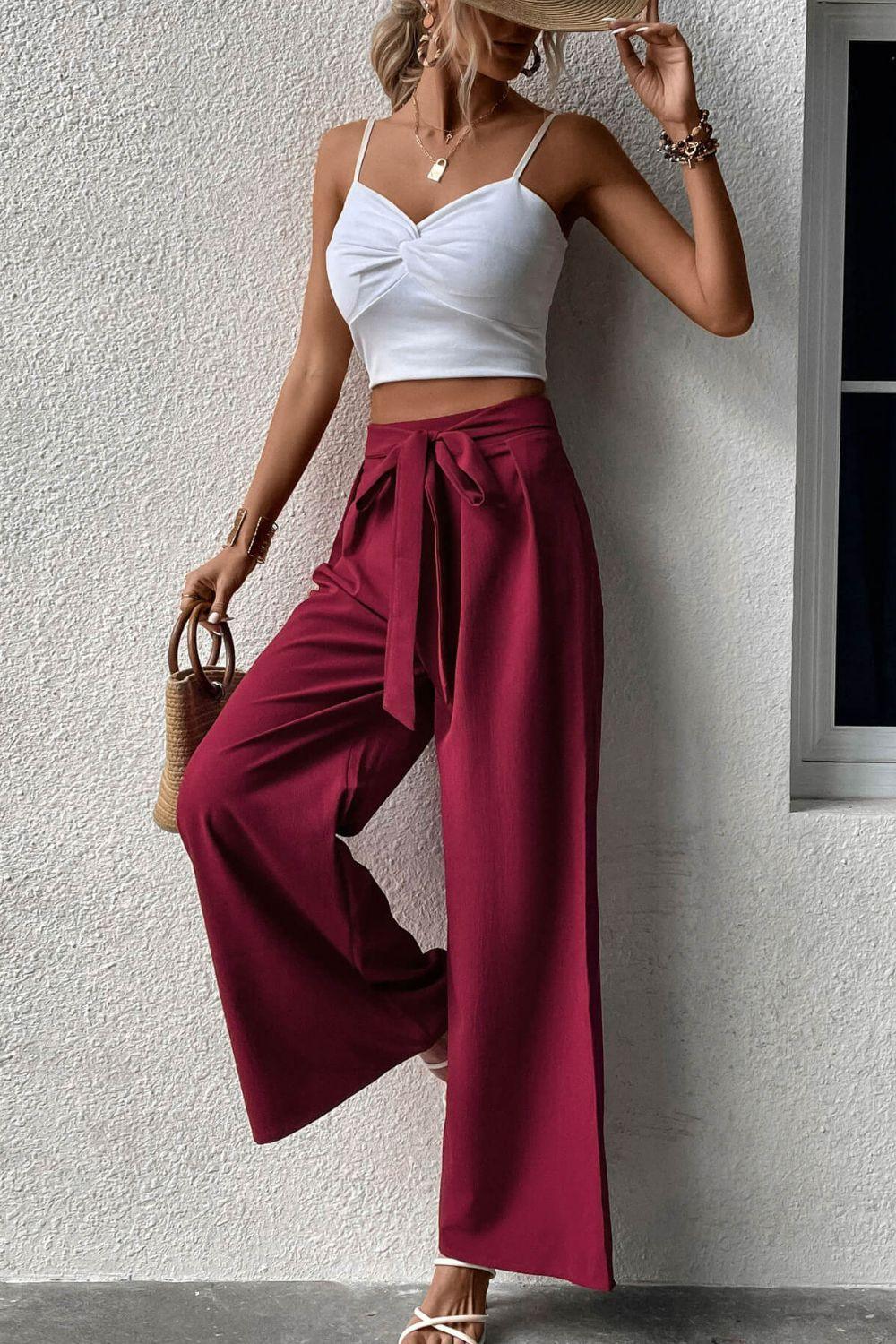 Ritzy High Waist Tie Front Wide Leg Pants - MXSTUDIO.COM