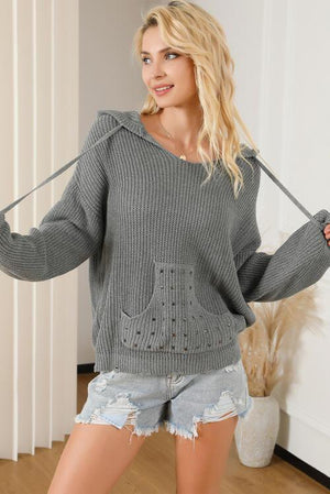 Rivet Detail Kangaroo Pocket Hooded Knit Sweater-MXSTUDIO.COM