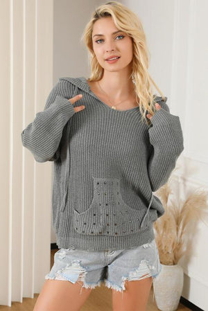 Rivet Detail Kangaroo Pocket Hooded Knit Sweater-MXSTUDIO.COM