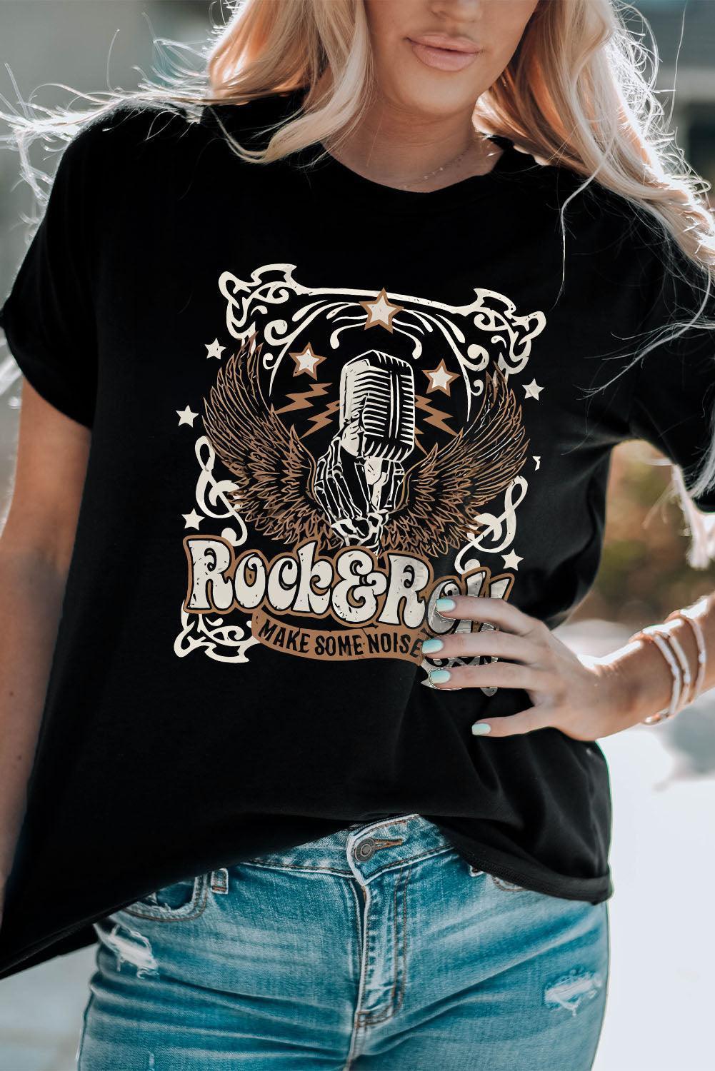 Rock And Roll Black Graphic Tee Shirt - MXSTUDIO.COM