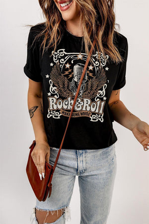 Rock And Roll Black Graphic Tee Shirt - MXSTUDIO.COM