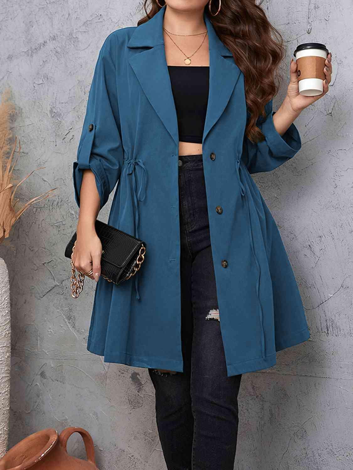 Roll-Tab Sleeve Drawstring Collared Trench Coat-MXSTUDIO.COM