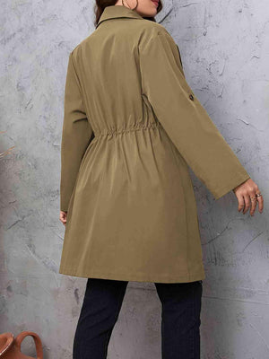 Roll-Tab Sleeve Drawstring Collared Trench Coat-MXSTUDIO.COM