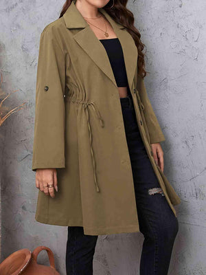 Roll-Tab Sleeve Drawstring Collared Trench Coat-MXSTUDIO.COM