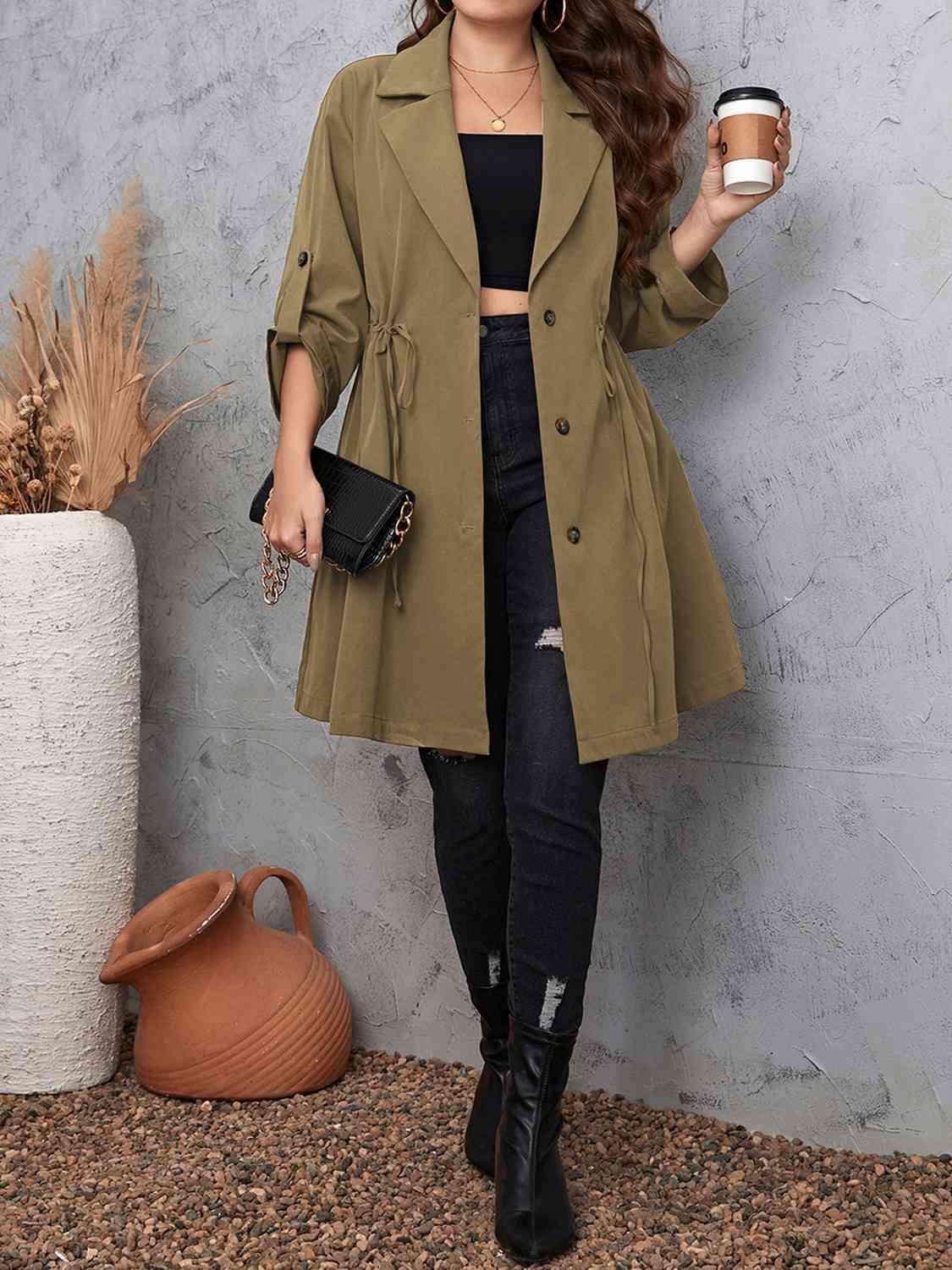 Roll-Tab Sleeve Drawstring Collared Trench Coat-MXSTUDIO.COM