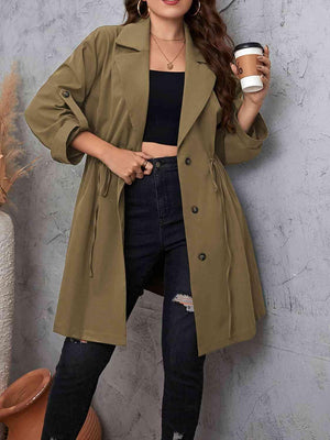 Roll-Tab Sleeve Drawstring Collared Trench Coat-MXSTUDIO.COM