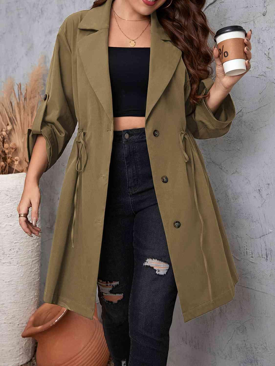 Roll-Tab Sleeve Drawstring Collared Trench Coat-MXSTUDIO.COM