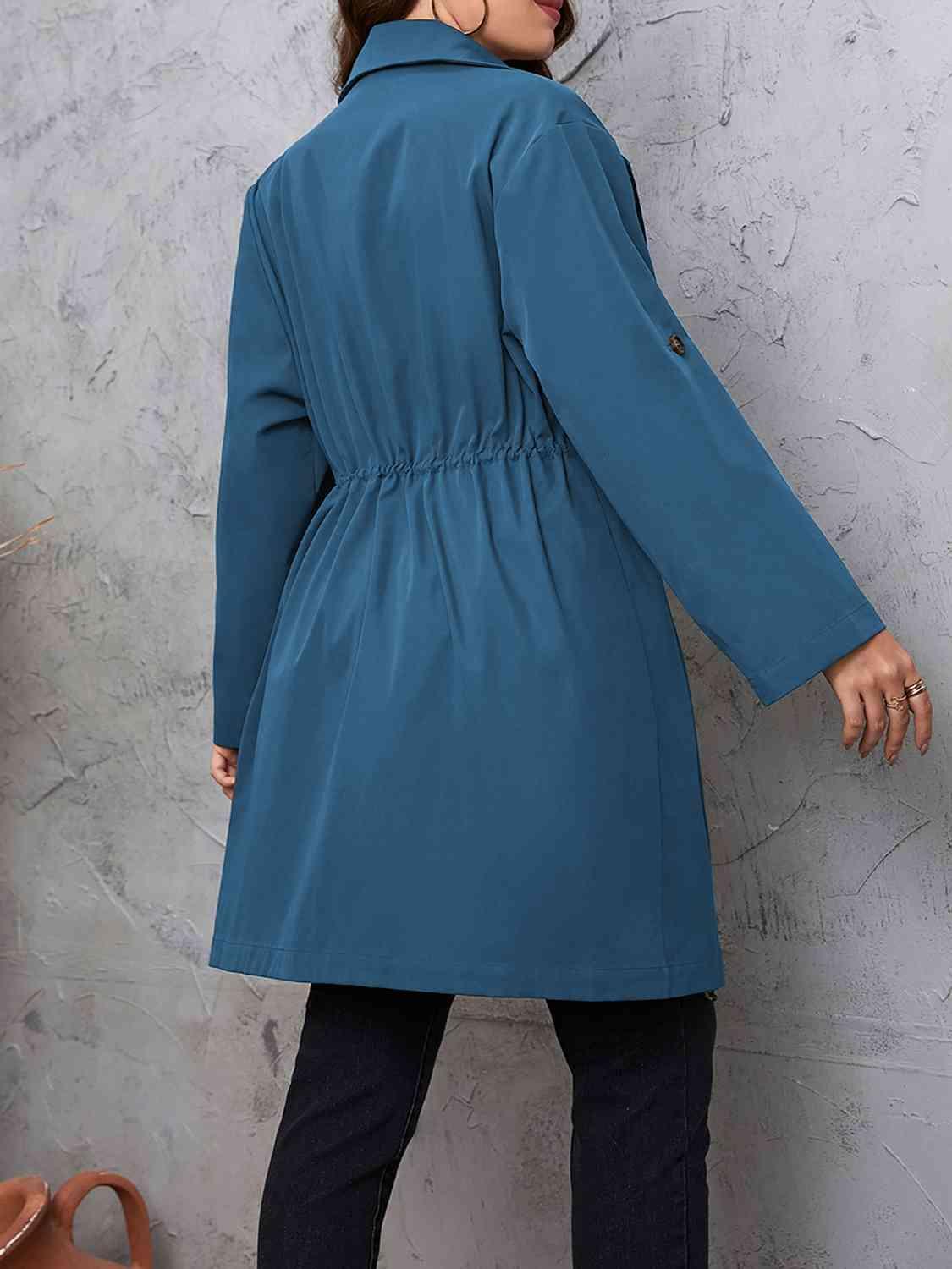 Roll-Tab Sleeve Drawstring Collared Trench Coat-MXSTUDIO.COM