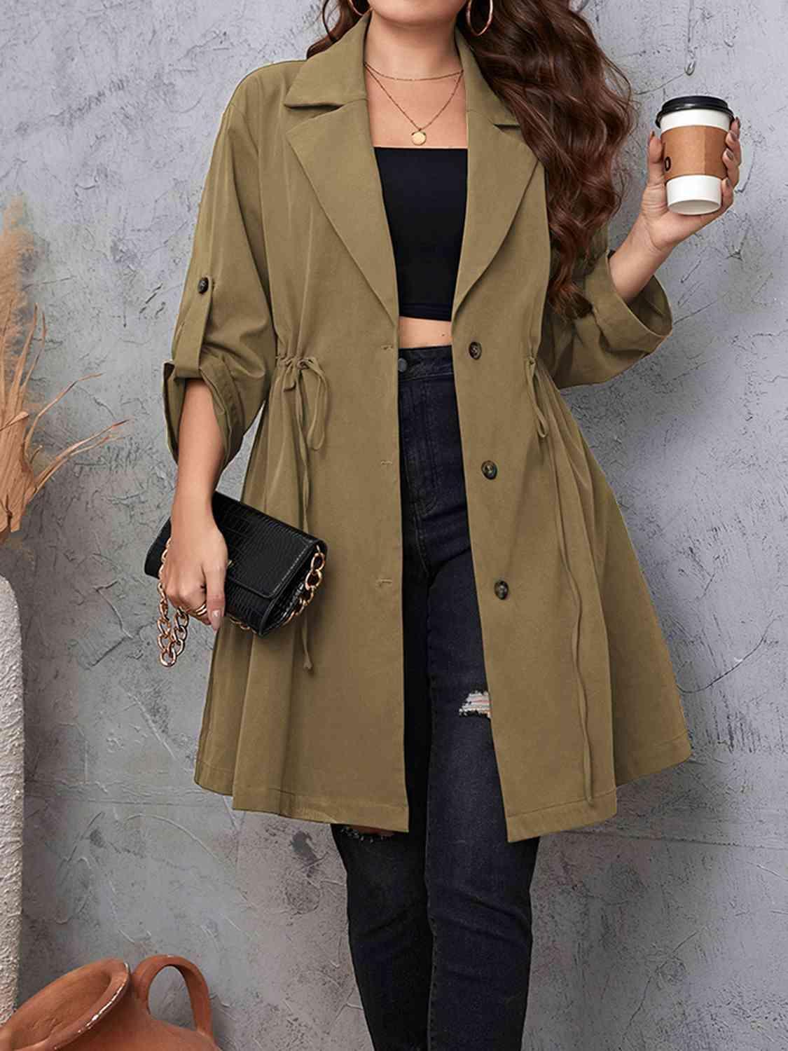 Roll-Tab Sleeve Drawstring Collared Trench Coat-MXSTUDIO.COM