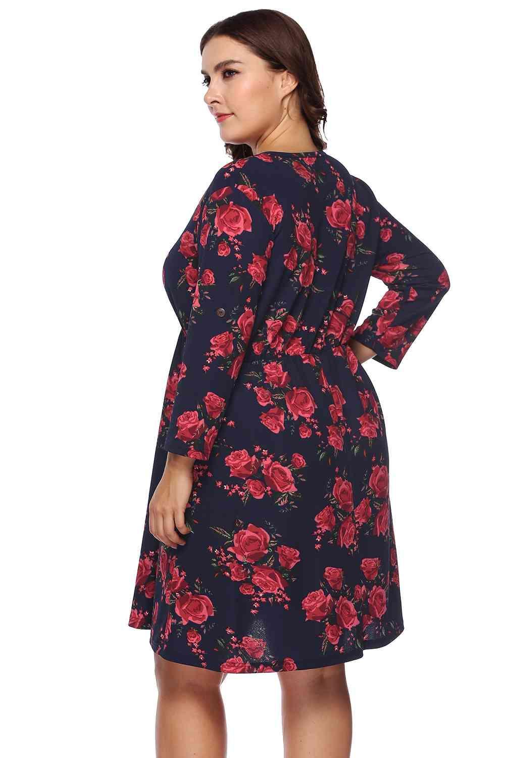 Roll Tab Sleeve Plus Size Floral Print Dress - MXSTUDIO.COM