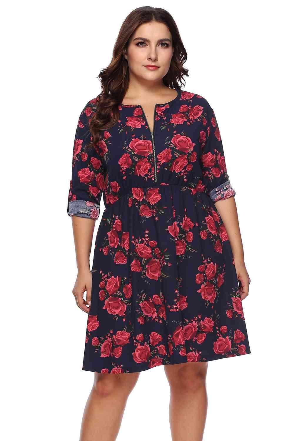 Roll Tab Sleeve Plus Size Floral Print Dress - MXSTUDIO.COM