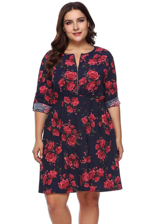 Roll Tab Sleeve Plus Size Floral Print Dress - MXSTUDIO.COM