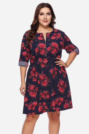 Roll Tab Sleeve Plus Size Floral Print Dress - MXSTUDIO.COM