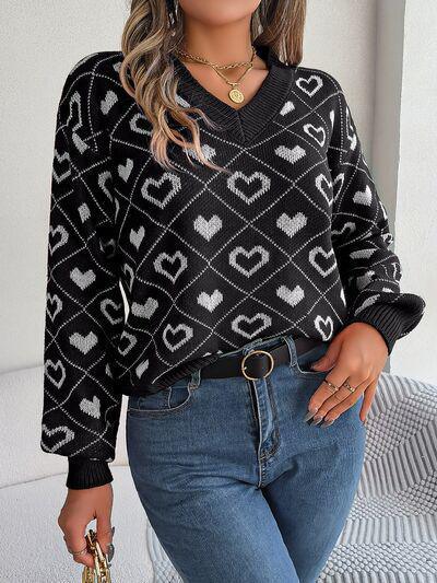 Romantically Comfy Knitted Heart Print Sweater-MXSTUDIO.COM