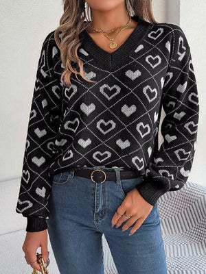 Romantically Comfy Knitted Heart Print Sweater-MXSTUDIO.COM