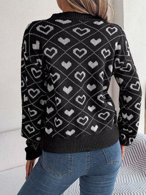 Romantically Comfy Knitted Heart Print Sweater-MXSTUDIO.COM