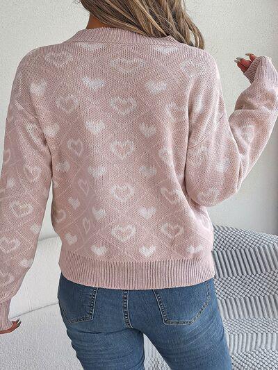 Romantically Comfy Knitted Heart Print Sweater-MXSTUDIO.COM