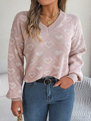 Romantically Comfy Knitted Heart Print Sweater-MXSTUDIO.COM