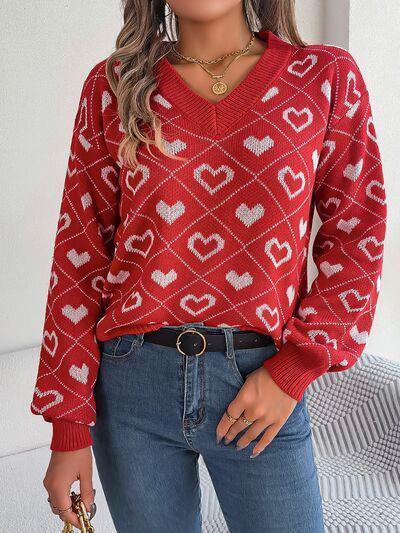 Romantically Comfy Knitted Heart Print Sweater-MXSTUDIO.COM