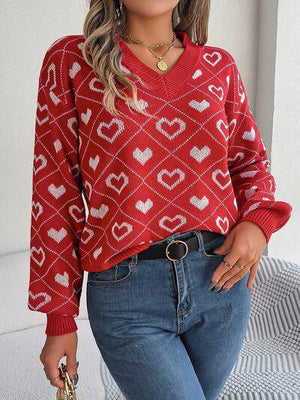 Romantically Comfy Knitted Heart Print Sweater-MXSTUDIO.COM