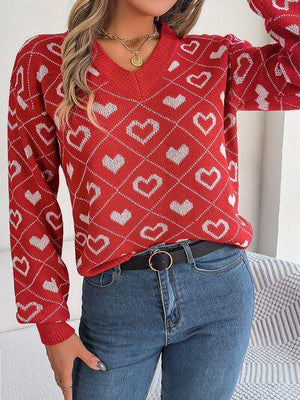 Romantically Comfy Knitted Heart Print Sweater-MXSTUDIO.COM