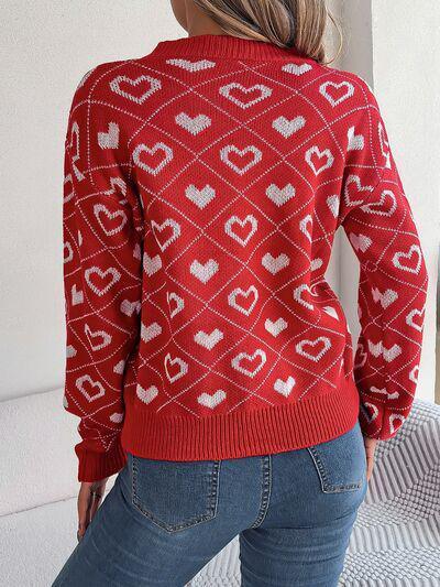 Romantically Comfy Knitted Heart Print Sweater-MXSTUDIO.COM