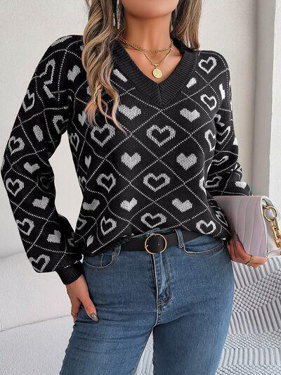 Romantically Comfy Knitted Heart Print Sweater-MXSTUDIO.COM