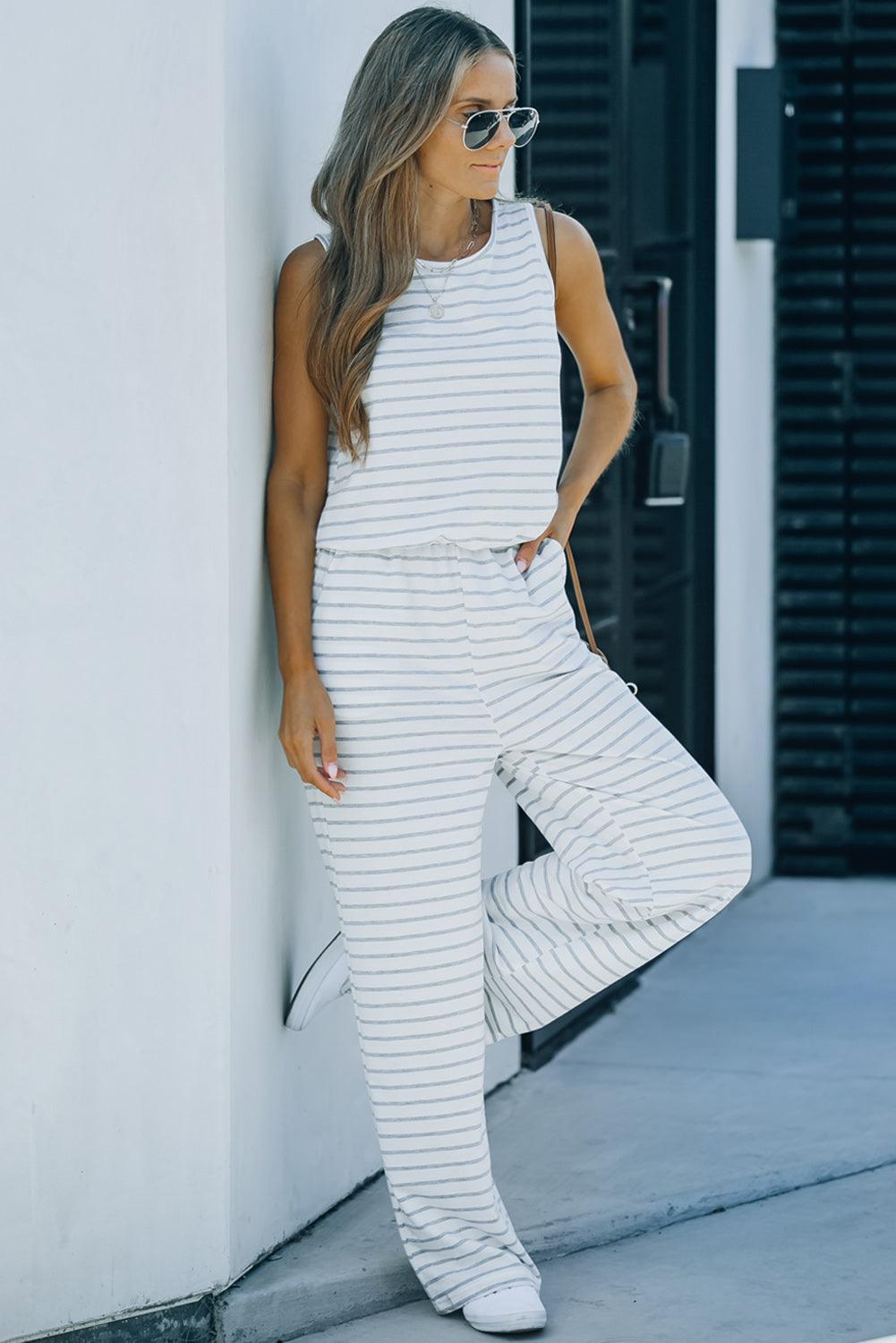 Round Neck Sleeveless Women's Striped Jumpsuit - MXSTUDIO.COM