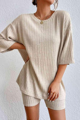 Round Neck Top And Shorts Ribbed Lounge Set - MXSTUDIO.COM