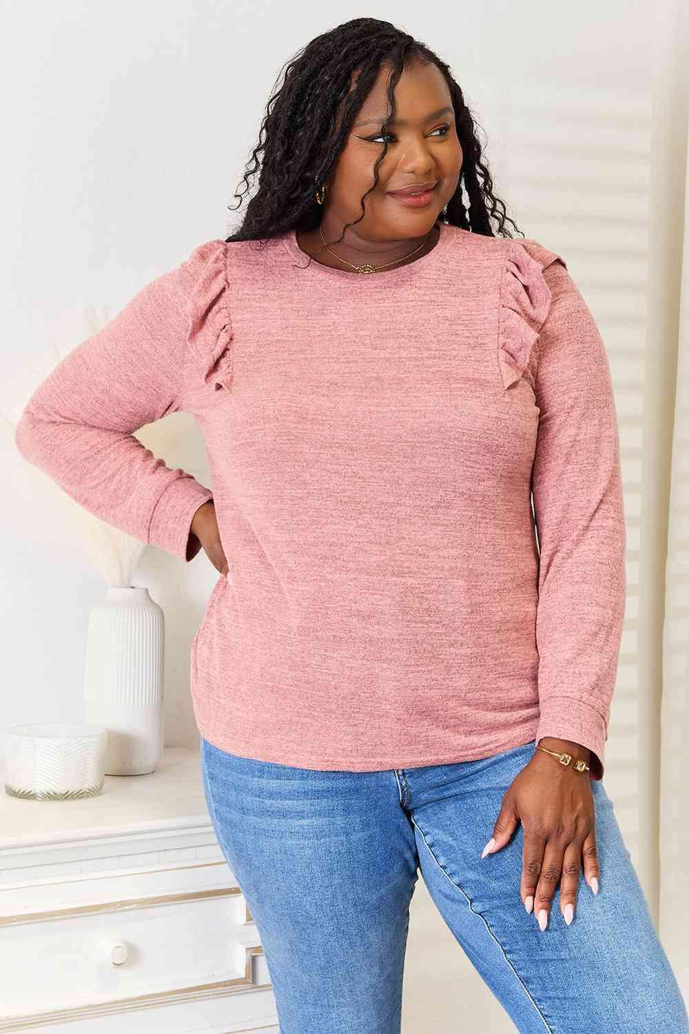 Ruffle Shoulder Women's Plus Size Long Sleeve T Shirt - MXSTUDIO.COM