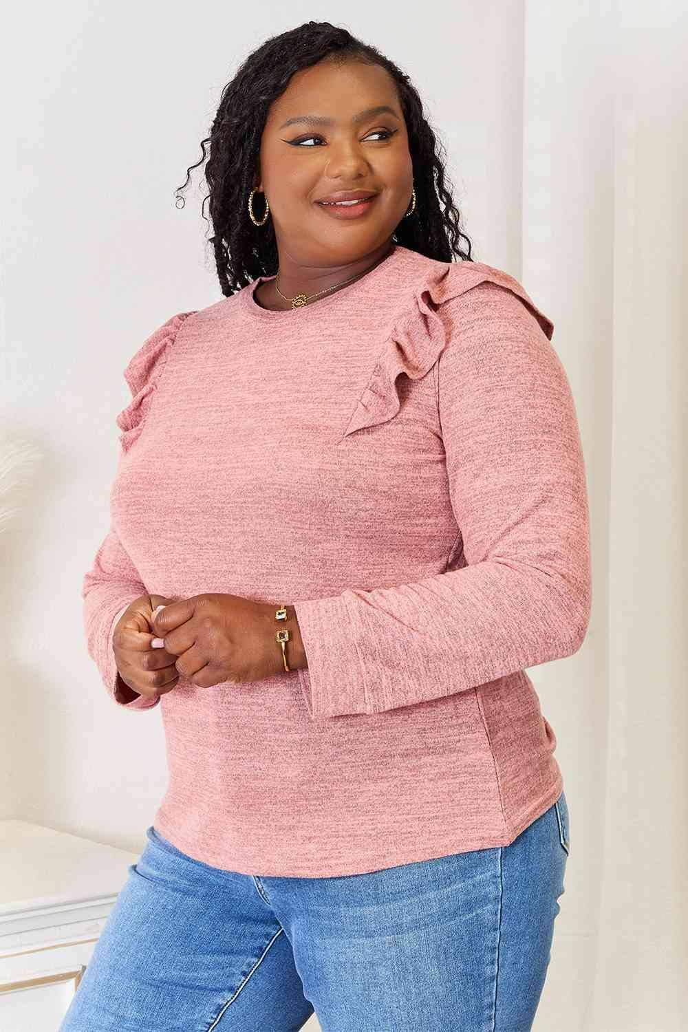 Ruffle Shoulder Women's Plus Size Long Sleeve T Shirt - MXSTUDIO.COM