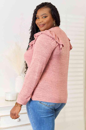 Ruffle Shoulder Women's Plus Size Long Sleeve T Shirt - MXSTUDIO.COM