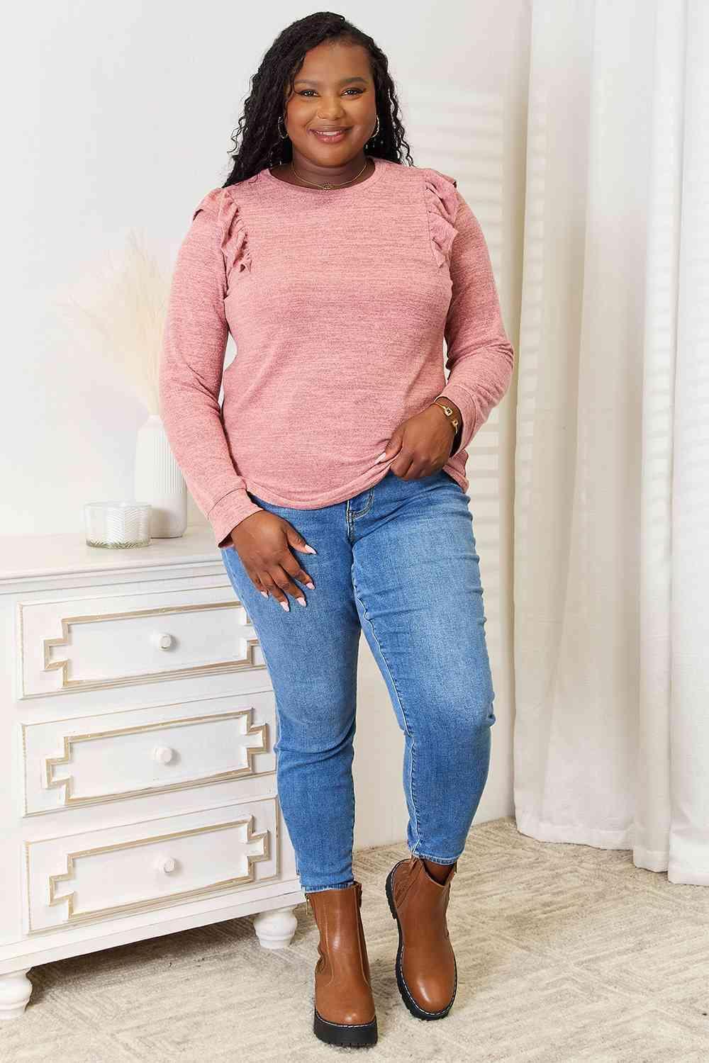 Ruffle Shoulder Women's Plus Size Long Sleeve T Shirt - MXSTUDIO.COM