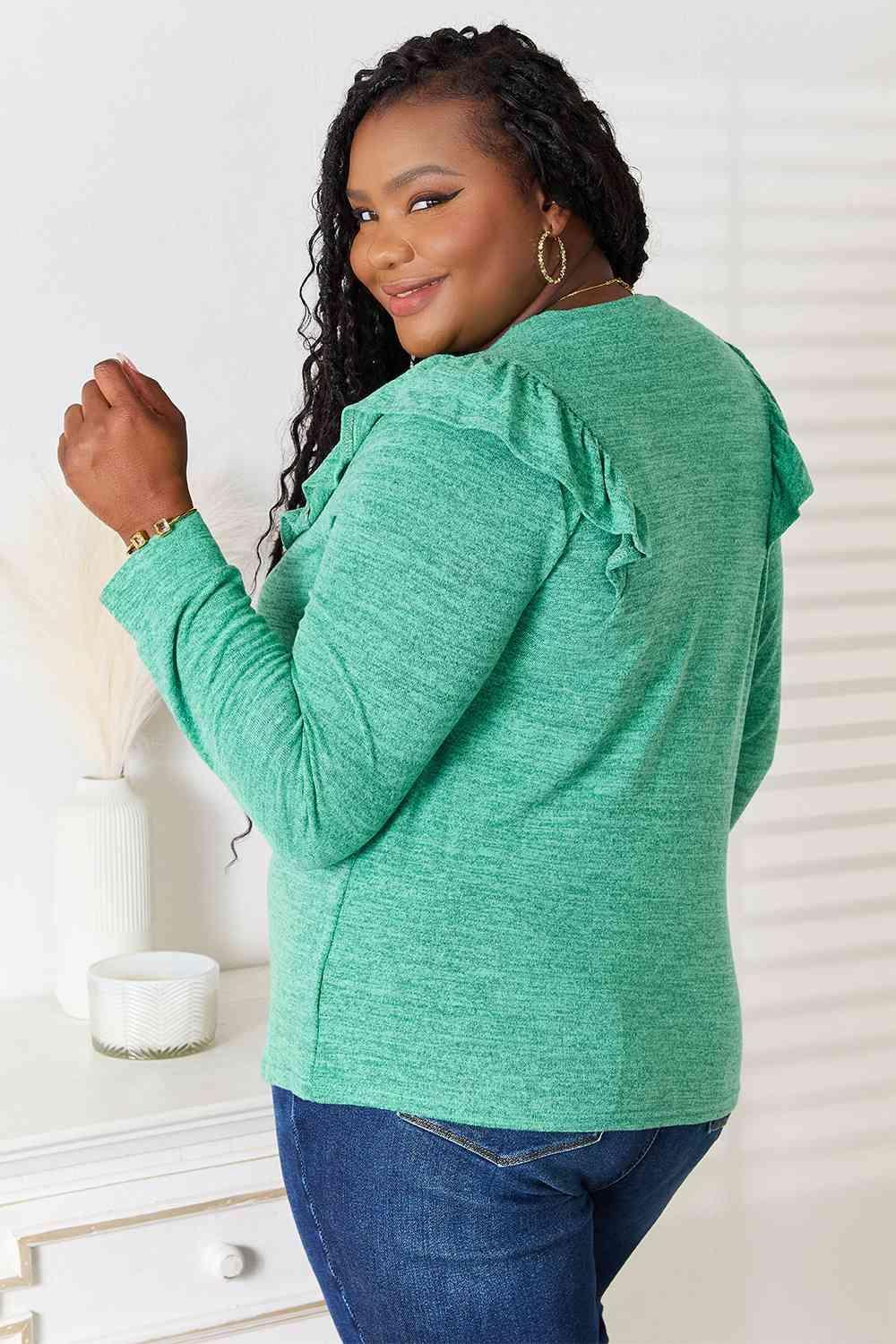 Ruffle Shoulder Women's Plus Size Long Sleeve T Shirt - MXSTUDIO.COM