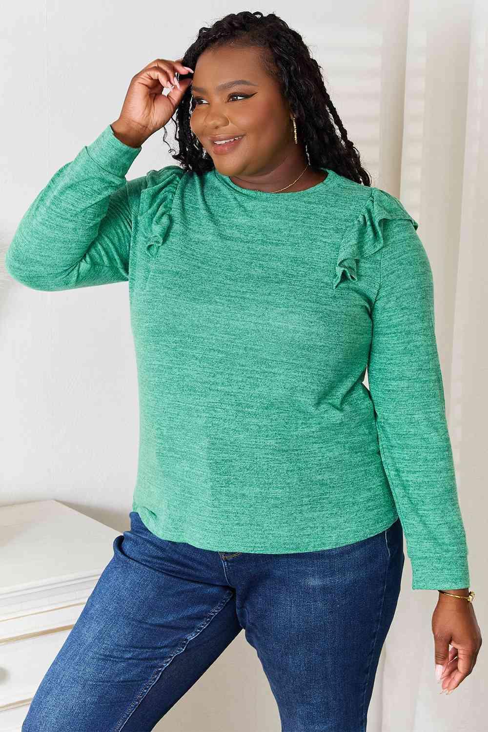 Ruffle Shoulder Women's Plus Size Long Sleeve T Shirt - MXSTUDIO.COM