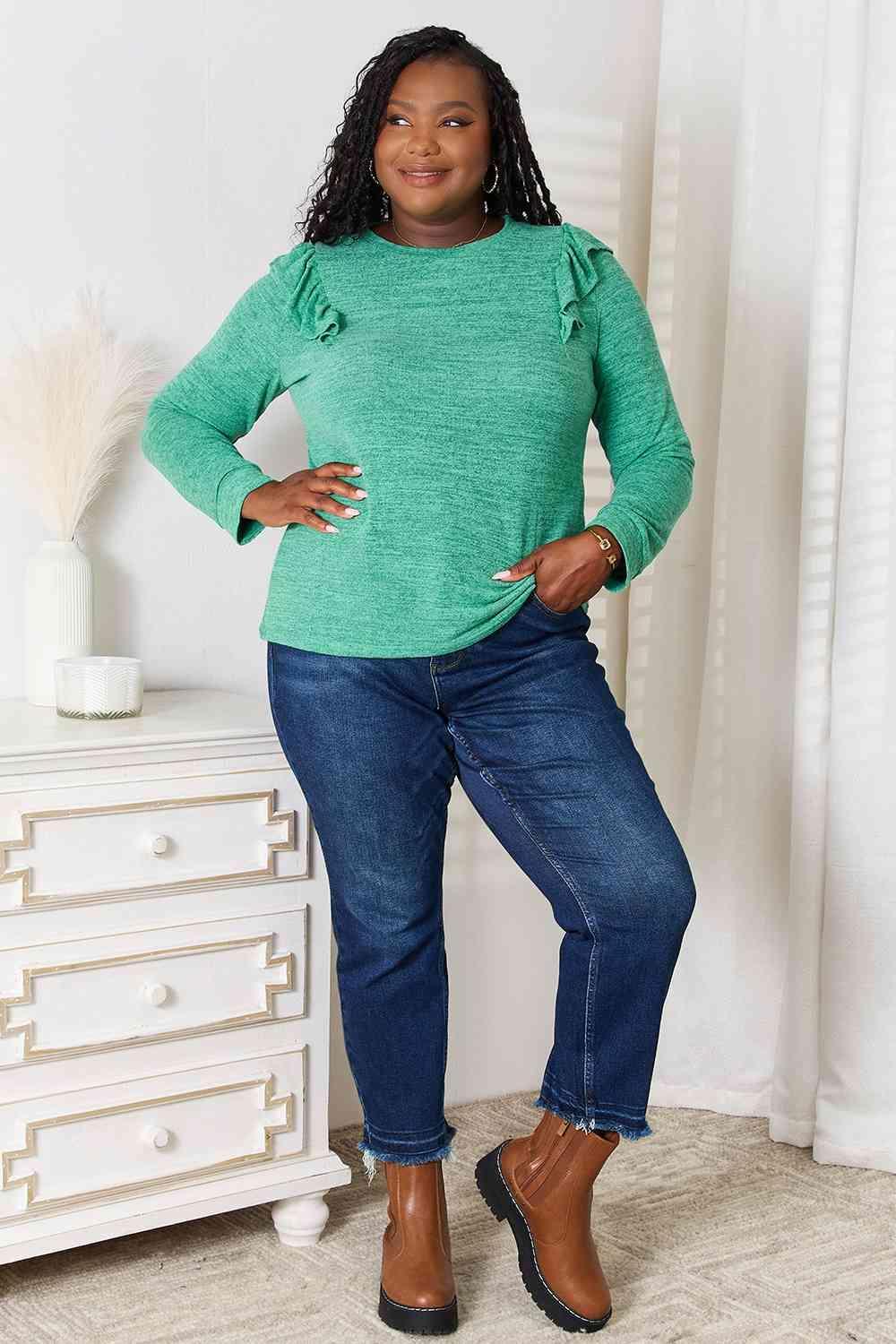 Ruffle Shoulder Women's Plus Size Long Sleeve T Shirt - MXSTUDIO.COM