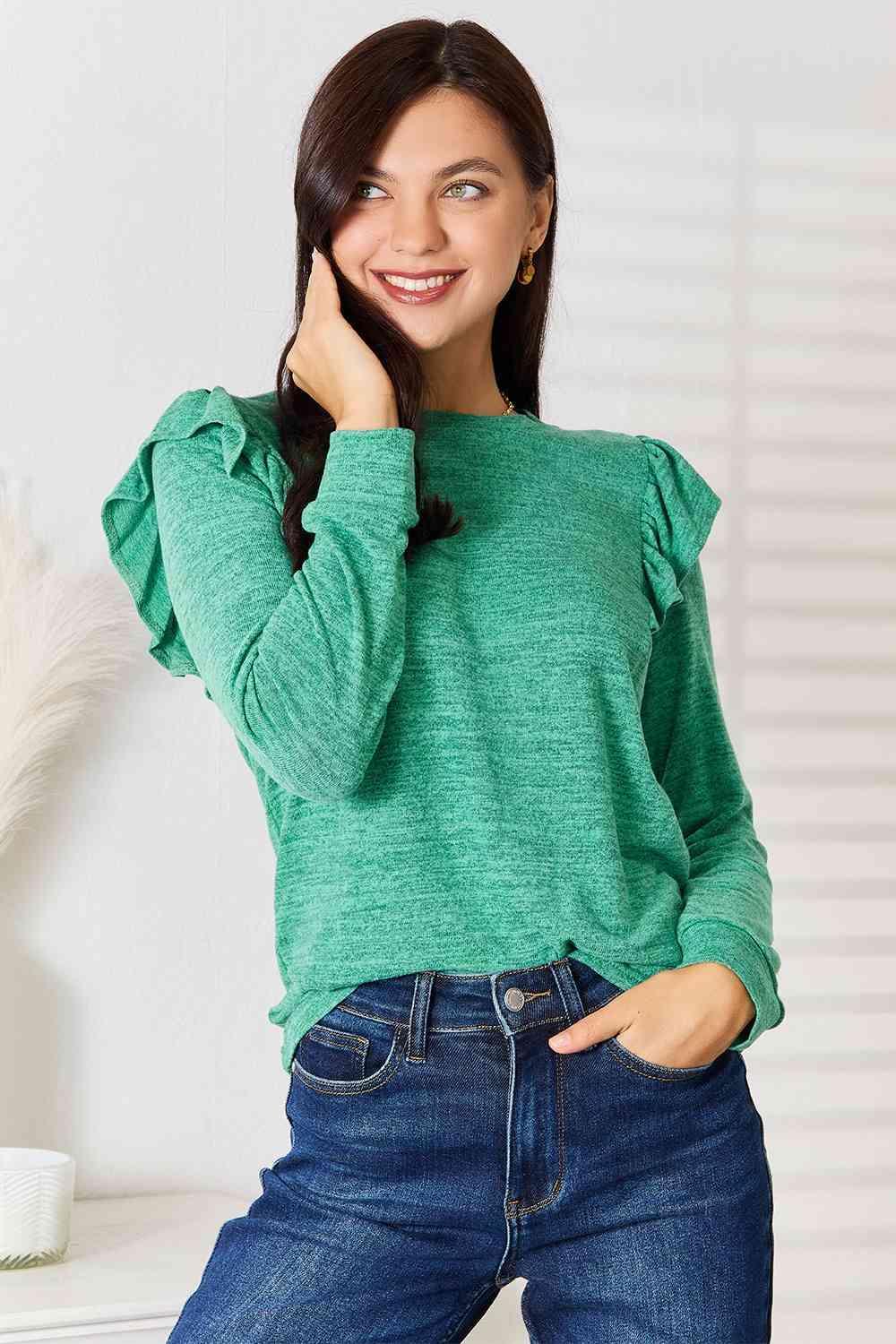 Ruffle Shoulder Women's Plus Size Long Sleeve T Shirt - MXSTUDIO.COM