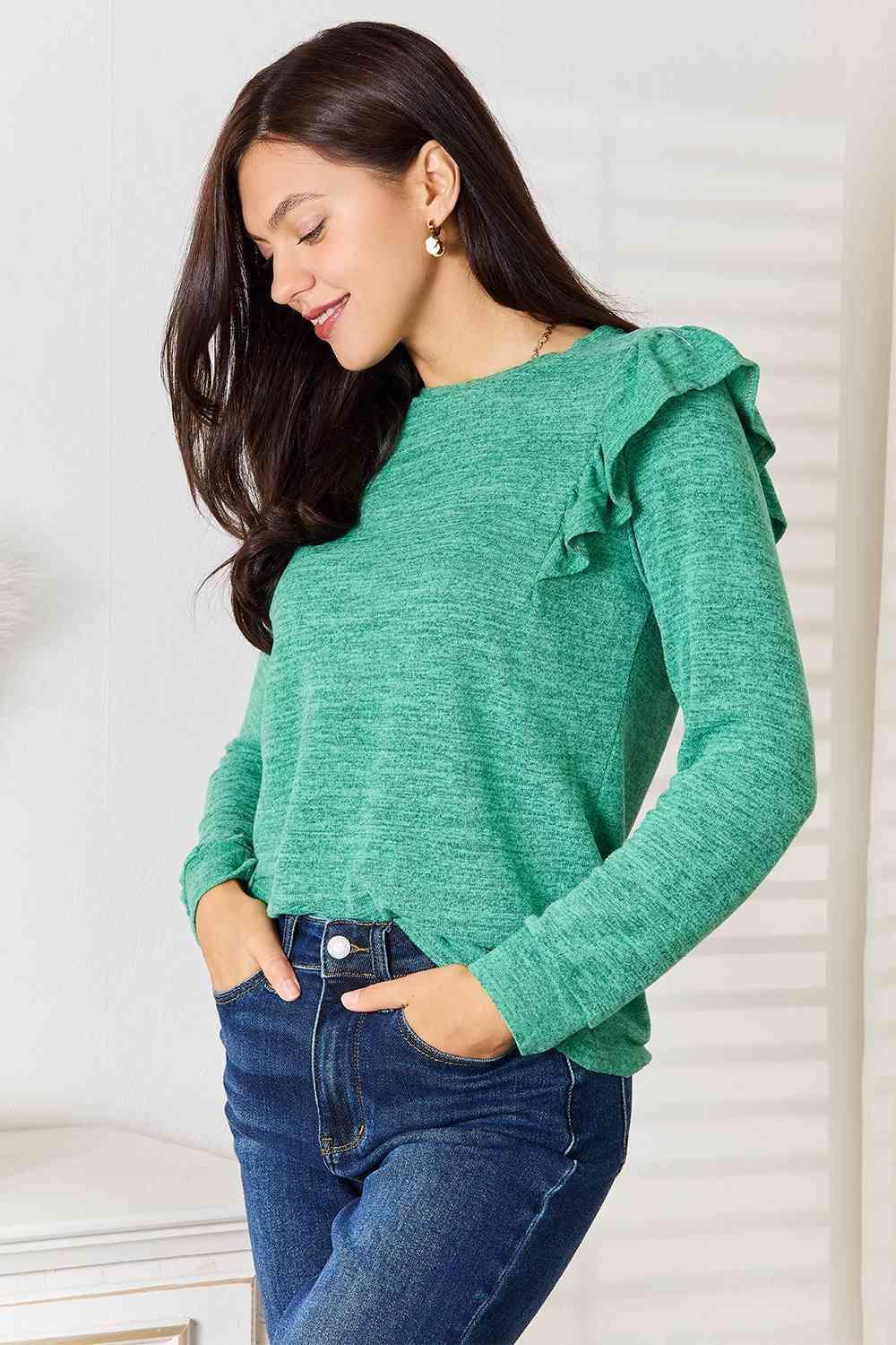 Ruffle Shoulder Women's Plus Size Long Sleeve T Shirt - MXSTUDIO.COM