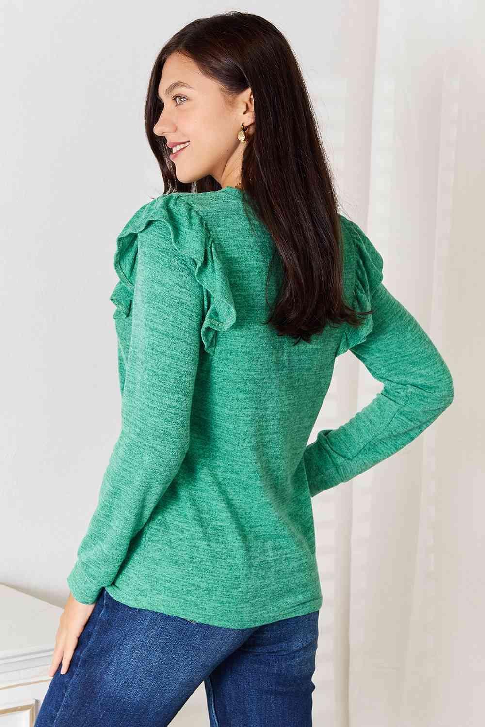 Ruffle Shoulder Women's Plus Size Long Sleeve T Shirt - MXSTUDIO.COM