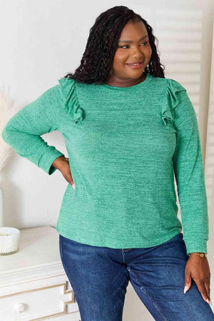 Ruffle Shoulder Women's Plus Size Long Sleeve T Shirt - MXSTUDIO.COM