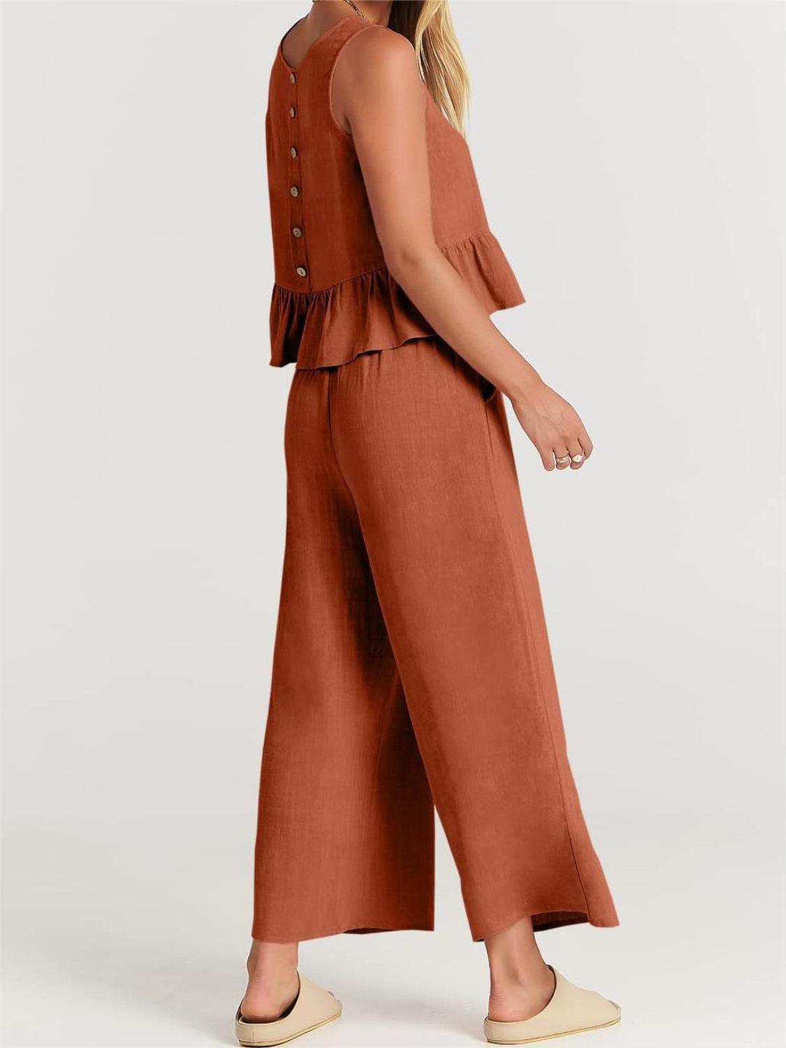 a woman wearing a brown jumpsuit with buttons