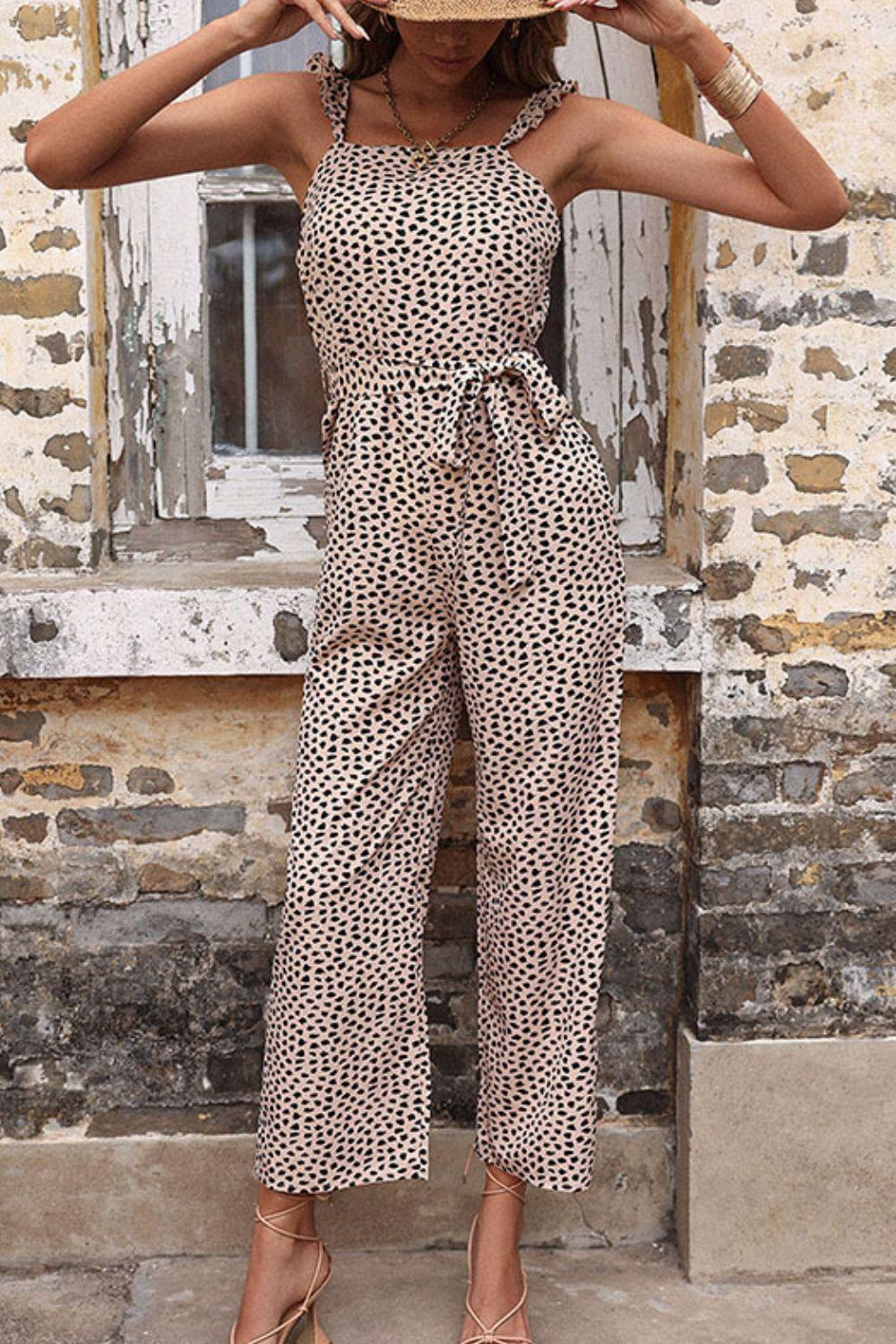 Ruffled Straps Tie Waist Leopard Print Jumpsuit - MXSTUDIO.COM